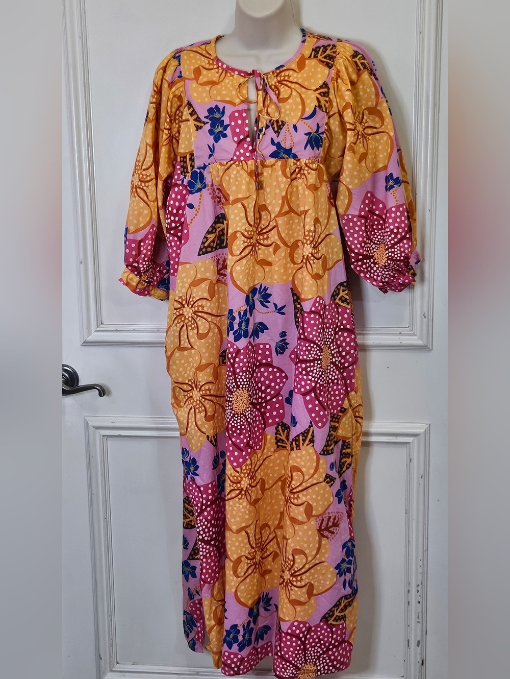 J.Marie Yellow/Pink Multi-Color Floral Puff Sleeve Sundress,Medium